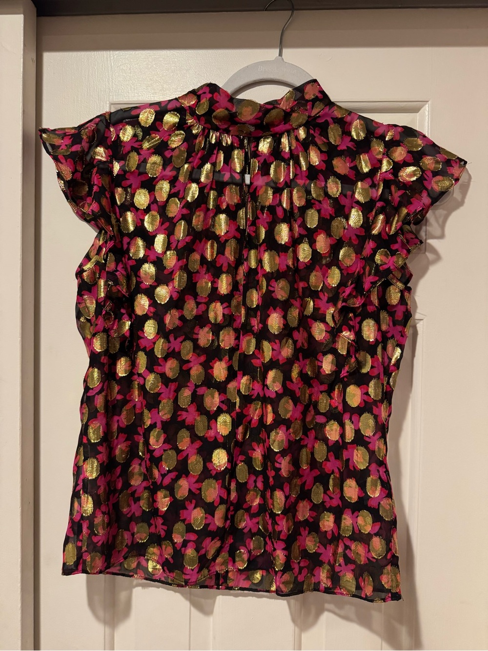 Milly Metallic Gold, Pink and Black Sheer Ruffle Sleeve Blouse